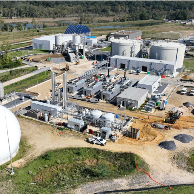 On the Combined Heat & Power side of the facility, the gas storage bubble is in place as is the gas treatment equipment.  The three generators are connected and two of the three boilers are installed.