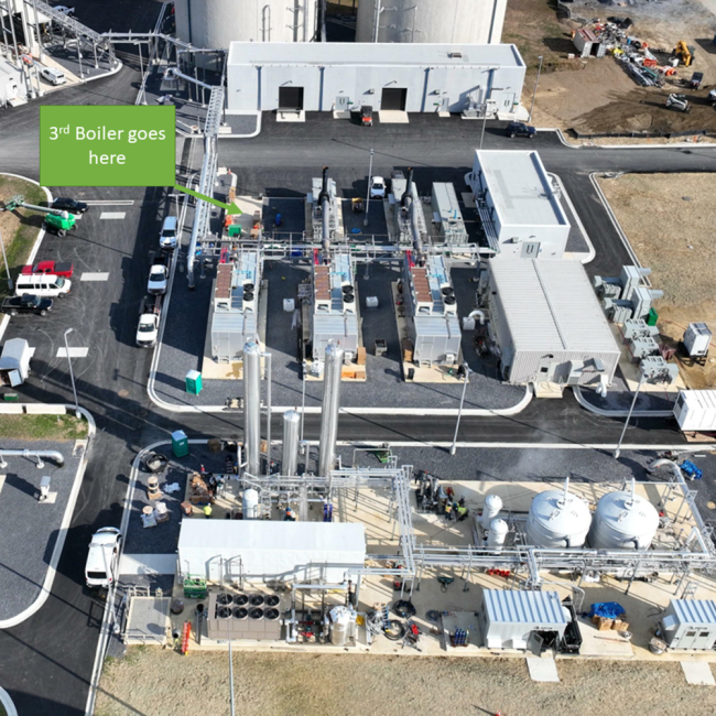 Close up aerial view of the Gas Upgrading, Generators and Boilers.  All that is missing is the third boiler, which is expected next month.
