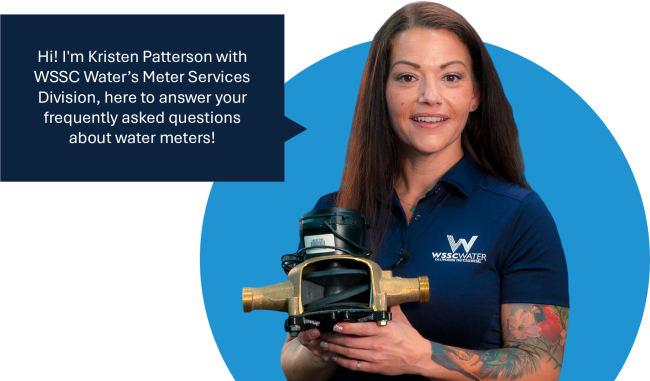WSSC Water employee greeting you, holding a water meter.