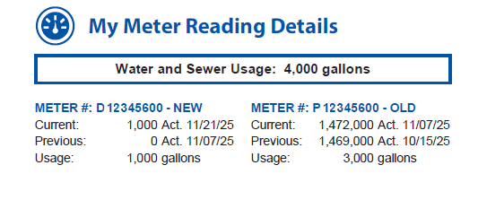Example of what your first bill's My Meter Reading Details section will look like with both the old meter and new meter readings. 