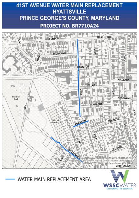 41st Avenue Water Main Replacement Project in Hyattsville, Prince George's County, Maryland. Project Number BR7710A24. The thick lines (in light blue) indicate the locations of the water main replacement areas. 