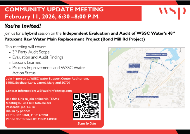Community Update Meeting Flyer that contains all the information included on WSSC Water's Event page for this event: https://www.wsscwater.com/events/project-outreach-event/2026/community-update-meeting-independent-evaluation-and-audit-wssc