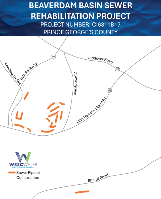Beaverdam Basin Sewer Rehabilitation Project, Project Number CI6311B17. Prince George's County. The thick lines (orange) on the map show the locations of the sewer pipes in construction. Several are located between Kenilworth Avenue, Cheverly Avenue, and John Hanson Highway. One appears to the south of Sheriff Road. 