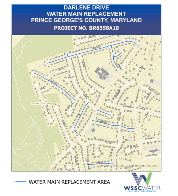 Darlene Drive Water Main Replacement Project, Prince George's County, Maryland. Project Number BR6558A18. The lines (medium blue) shows the water main replacement areas on Upton, Parkview, Darlene, Dee, Wigan, and Terence. 