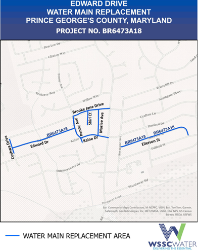 Edward Drive Water Main Replacement Project, Prince George's County, Maryland. Project Number BR6473A18. The thick lines (dark blue) on the map show the water main replacement areas. These are located on Cushwa Drive, Edward Drive, Penny Avenue, Brooke Jane Drive, Shirl Court, Marlene Avenue, Kaine Drive, and Ellerson Street. 