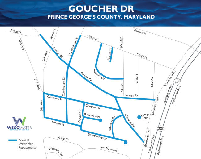 Goucher Drive Water Main Replacement Project, Prince George's County. The thick lines (light blue) show the locations of the water main replacement areas. These are located on Goucher Drive, 58th Avenue, Nevada Street, Marietta Lane, Bucknell Terrace, Villanova Road, Charlton Avenue, Berwyn Road, Cunningham Drive, Natasha Drive, Paxton Court, and the end of Vernon Terrace.