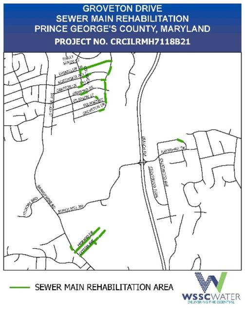Groveton Drive Sewer Main Rehabilitation Project, Prince George's County, Maryland. Project Number CRCILRMH7118B21. The thick lines (green) on the map show the sewer main rehabilitation areas. 