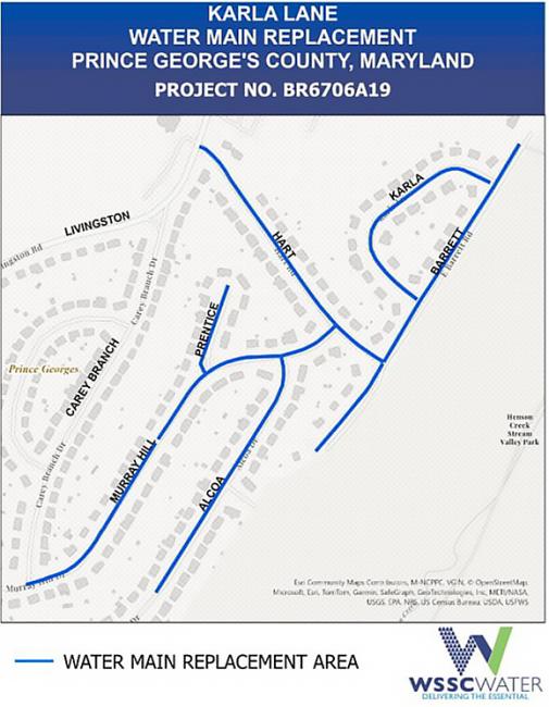 Karla Lane Water Main Replacement Project, Prince George's County, Maryland. Project Number BR6706A19. The thick lines (light blue) on the map show the water main replacement areas. The roads marked are Karla Ln., Barrett Rd., Hart Rd., Murray Hill, Alcoa Dr., and Prentice.