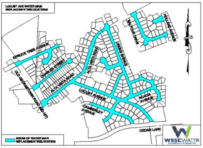 Locust Avenue Water Main Replacement Project Map. The thick lines (light blue) show the water main replacement/relocation areas. The roads include Spruce Tree Ave., Charles St., Alta Vista Rd., Locust Ave., Camberley Ave., Acacia Ave., Linden Ave., Balfour Dr., and Holland Ave.