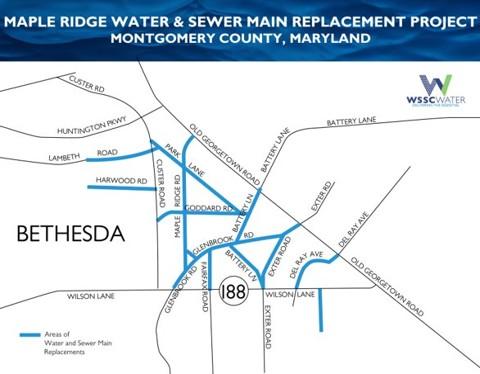 Maple Ridge Water and Sewer Main Replacement Project, Montgomery County, Maryland. The thick lines (light blue) show the areas of water and sewer main replacements. The roads included are Maple Ridge Rd., Park Ln., part of Lambeth Rd., Harwood Rd., Goddard Rd., Glennbrook Rd., Del Ray Ave., Exeter Rd., and Battery Ln.