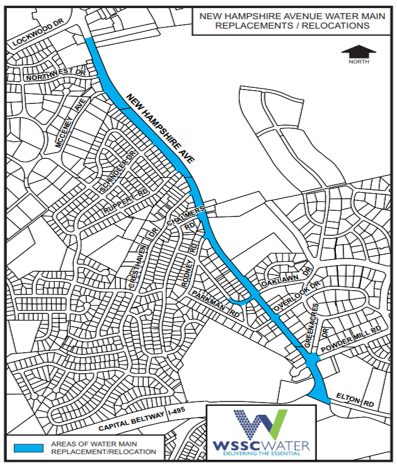 New Hampshire Avenue Water Main Replacement/Relocations. The thick line (light blue) shows the areas of water main replacement/relocation. This includes New Hampshire Avenue from Elton Road up to almost Lockwood Drive.