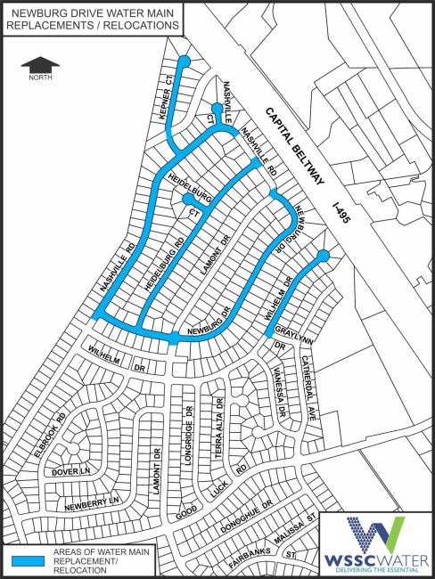Newburg Drive Water Main Replacements/Relocations. The thick lines (light blue) show the areas of water main replacement/relocation. These areas include Heidelburg Rd., Kepner Ct., Nashville Ct., Nashville Rd. from Nashville Ct. to Newburg Dr., Newburg Dr. up to Lamont Dr., and Wilhelm Dr. to Graylynn Dr.