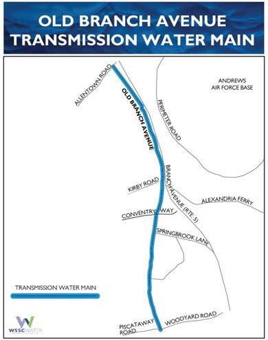 Old Branch Avenue Transmission Water Main. The thick line (light blue) shows the transmission water main area. The line runs on Old Branch Avenue from Allentown Road to Woodyard Road. 