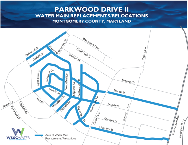 Parkwood Drive II Water Replacements/Relocations, Montgomery County, Maryland. The thick lines (light blue) show the area of water main replacements/relocations. This includes Parkwood Dr., Oldfield Dr., Everett St., Woodfield Dr., Ashwood Dr., Crestwood Rd., Franklin St., Edgefield Rd., Glenridge St., and Thornwood Rd.