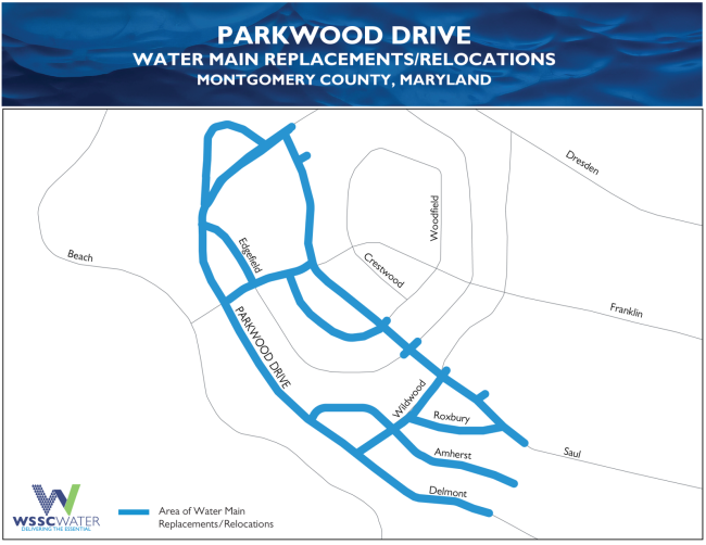 Parkwood Drive Water Main Replacements/Relocations, Montgomery County, Maryland. The thick lines (light blue) show areas of water main replacements/relocations. This area includes Parkwood Dr., Edgefield, Delmont, Amherst, Roxbury, and Wildwood.