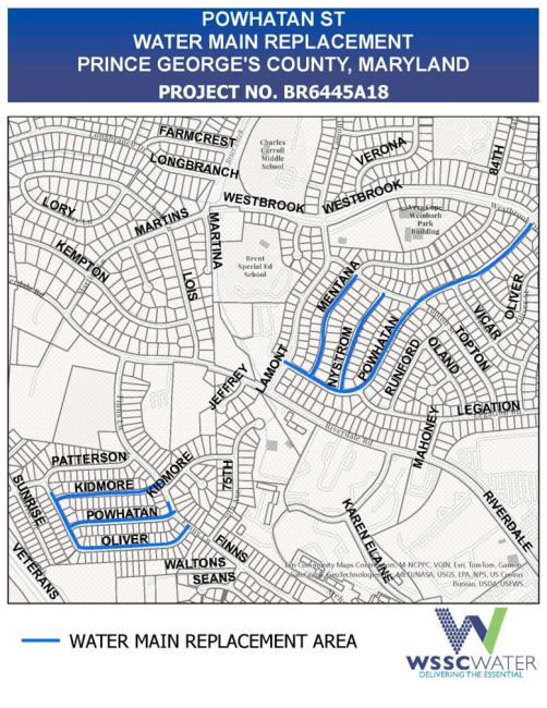 Powhatan Street Water Main Replacement Project, Prince George's County, Maryland. Project Number BR6445A18. The thick lines (light blue) on the map show the water main replacement areas on the following roads: Kidmore, Powhatan, Oliver, Mentana, Nystrom, and Powhatan.. 