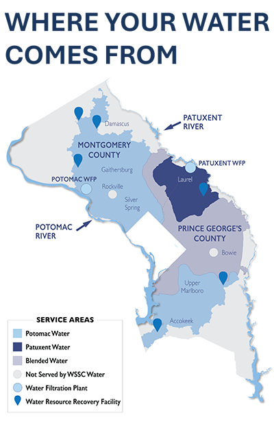 This map of Montgomery and Prince George's counties outlines which areas receive their water from the Potomac River (Montgomery County from the DC line up slightly past Damascus and Lower Prince George's County from Upper Marlboro down past Accokeek); which area receive their water from the Patuxent River (a large slice of Upper Prince George's County surrounding Laurel); and which areas receive a mixture of water from both rivers (the rest of Prince George's County).