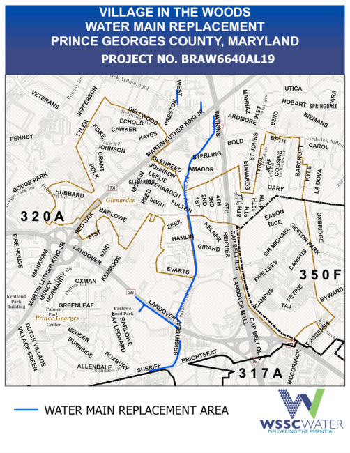 Village in the Woods Water Main Replacement Project, Prince George's County, Maryland. Project Number BRAW6640AL19. The blue lines show the water main replacement areas, which are located on Brightseat Rd. from 202 to Watkins, part of Sheriff, part of 202.