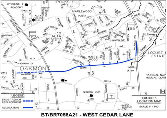 West Cedar Lane Water Main Replacement Project, Number BT/BR7058A21. The thick line (blue) shows the relocation areas along West Cedar Lane. The dotted blue line on Oakmont Ave. shows the location of same trench replacement. 