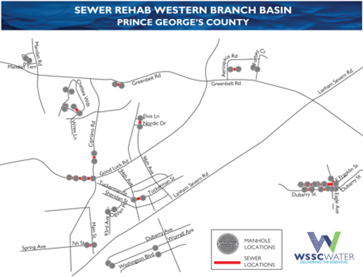 Western Branch Basin Sewer Rehabilitation Project, Prince George's County. The thick lines (red) show the areas of sewer rehabilitation. The gray circles indicate the manhole locations.
