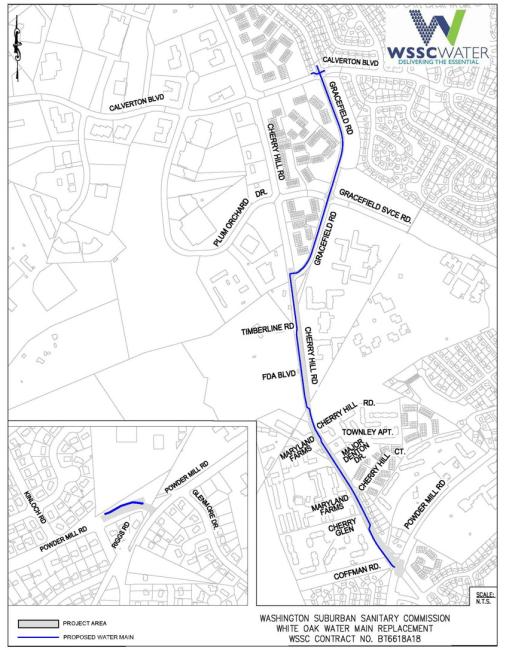 White Oak Water Main Replacement Project. WSSC Water Contract Number BT6618A18. The thick lines (dark blue) show the project locations, which include Gracefield Rd., from Calverton Blvd. to Cherry Hill Rd., plus Cherry Hill Rd. from Gracefield down to Coffman Rd.