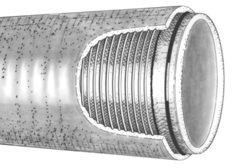 prestrssed concrete cylinder pipe cutaway view to show steel and wires within the concrete