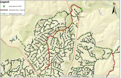 Sanitary force main map showing existing sewer system,  wastewater pipe pressure route, reddy branch wastewater pumping stations