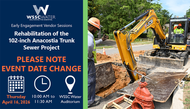 Early Engagement Vendor Sessions: Rehabilitation of the 102-inchd Anacostia Trunk Sewer Project. PLEASE NOTE EVENT DATE CHANGE. 14501 Sweitzer Lane, Laurel, MD 20707.