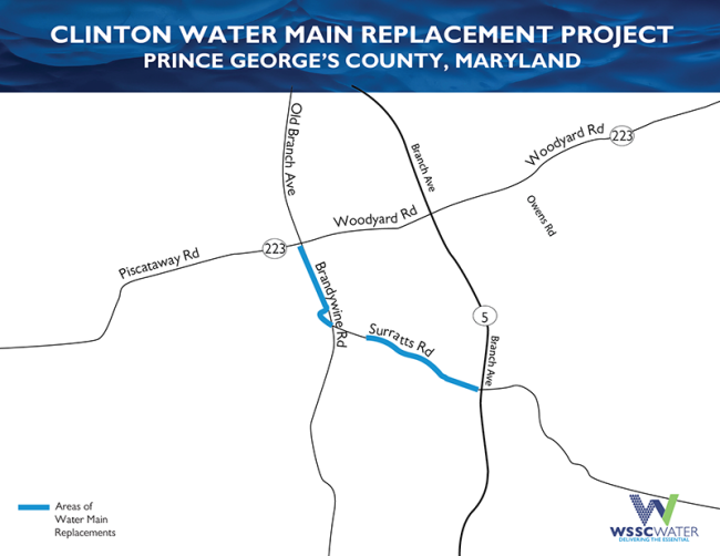 Clinton Water Main Replacement Project, Prince George's County, Maryland. The thick lines on this map (light blue) show the areas of the water main replacements, which include Brandywine Road from the intersection of Brandywine Road/Old Branch Avenue and Piscataway Road/Woodyard Road; and Surratts Road, between Brandywine Road and Route 5/Branch Avenue. 