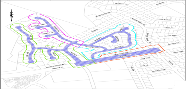 Waterway Drive Water Main Replacement Project Area. The blue striped areas on this map indicate the areas of water main replacement. These directly affected roadways include: Marlin Street, Marlin Terrace, Waterway Drive, Bauer Drive, Lake Drive, Lake Court, Lake Terrace, Norbeck Service Road, and Rocking Spring Drive. 