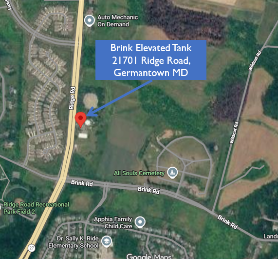 This aerial map identifies the location of the Brink Elevated Tank, 21701 Ridge Road, in Germantown, Maryland. 