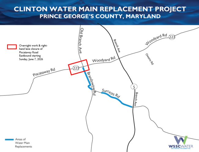 A box encompasses the intersection of Piscataway/Woodyard Roads and Old Branch Avenue/Brandywine Road, to indicate where the overnight work-related closure will occur for this project. The thick lines (light blue) along Brandywine and Surratts Roads indicate the locations of the work.