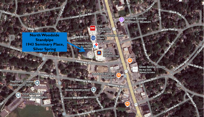 The North Woodside Standpipe is located at 1943 Seminary Place in Silver Spring, behind the ALDI supermarket on the corner of Georgia Avenue and Seminary Place. 
