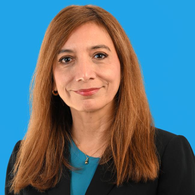 Karem Carpio portrait. She is wearing a dark blue suit jacket and an aqua-colored colarless blouse.