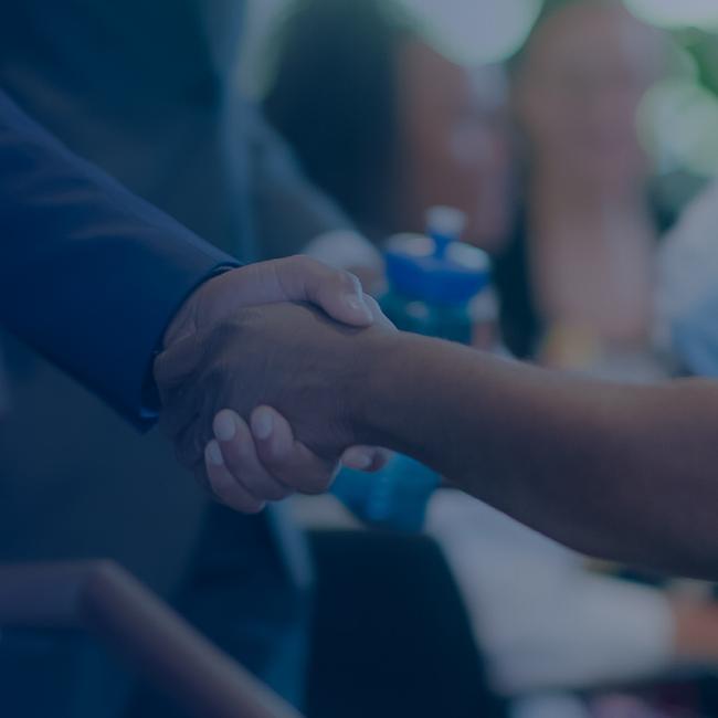 Closeup of two people shaking hands.